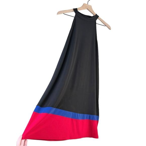 NWT Nicole Miller Stretch Jersey Halter Shift Dress Colorblock Black Red Blue, L - Picture 1 of 9